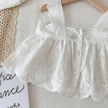 2PCS Summer Girls White Lace Halter Top & Denim Shorts Set Breathable Cotton & Elastic Waist