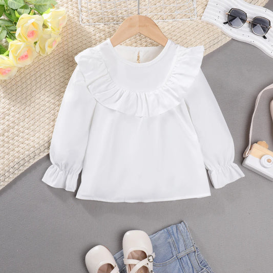 Stylish Girl's White Top With Ruffled Round Neck