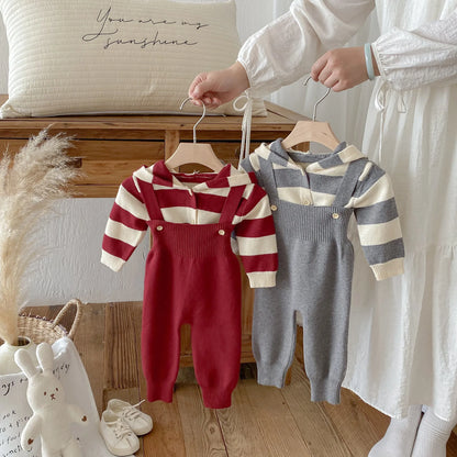 Hooded Knit Cardigan And Solid Overalls Set