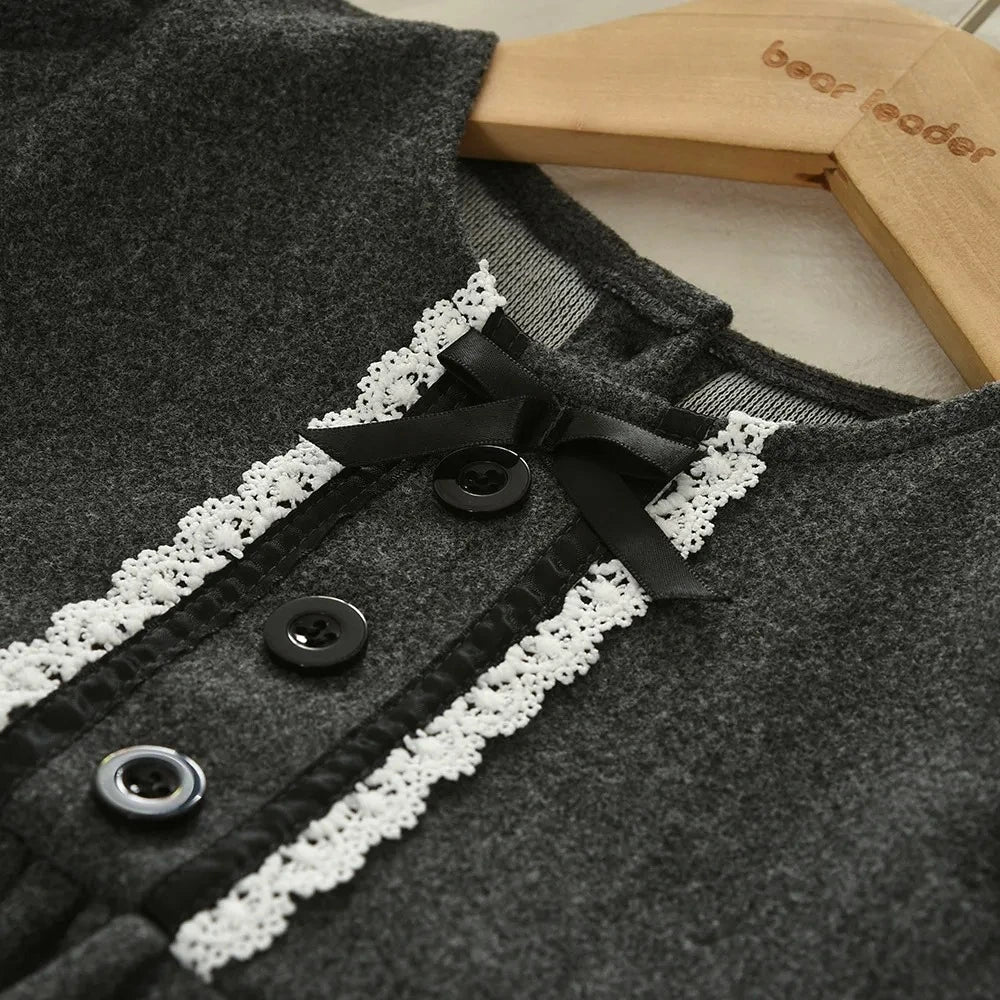 Solid Color Grey Long Sleeve Bow Dress