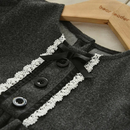 Solid Color Grey Long Sleeve Bow Dress