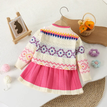 Jacquard Knitted Grid Wave Sweater And Rose Red Pleated Skirt Set