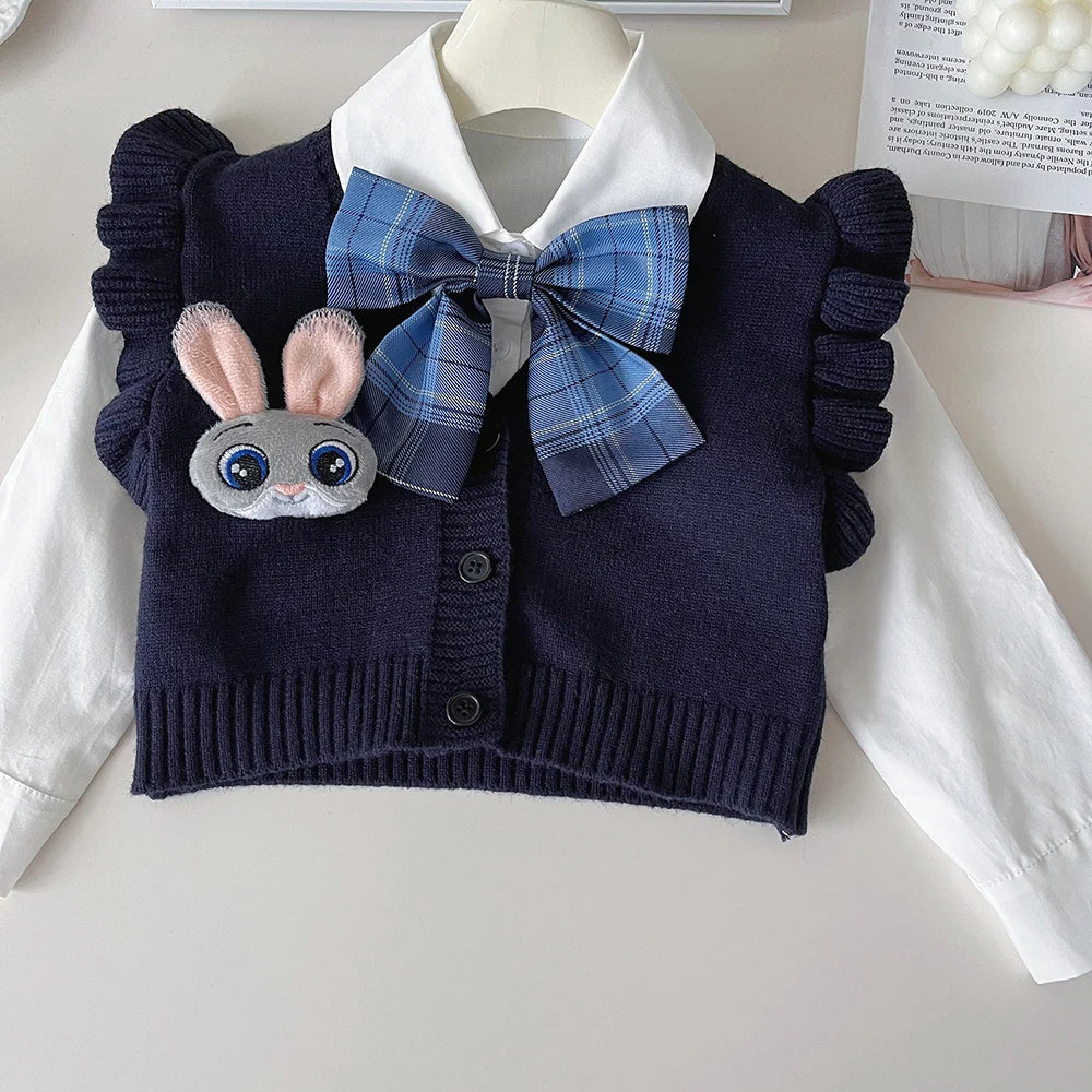 Knitted Vest With Turn-Down Collar & Plaid Skirt - 3pc Set Outfit
