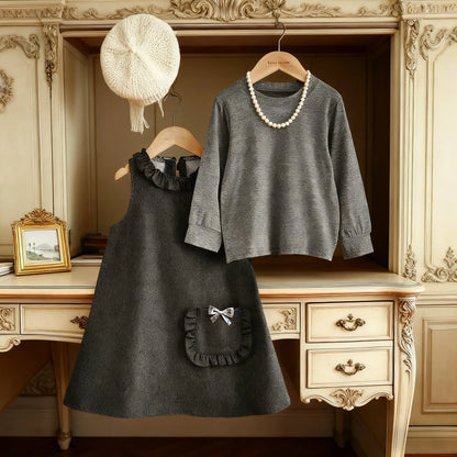 Gray Sleeveless Pocket Vest Dress & Long Sleeved Top Two-piece Set