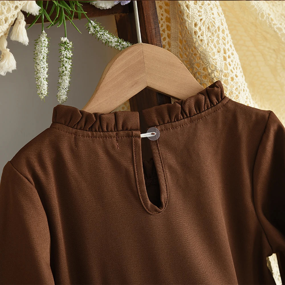 Coffee Long Sleeved Dress & Beige Teddy Velvet Vest Set