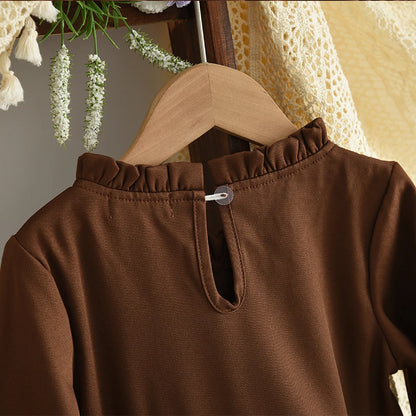 Coffee Long Sleeved Dress & Beige Teddy Velvet Vest Set