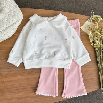 New Girls Floral Embroidered Top & Bottom Baby Set