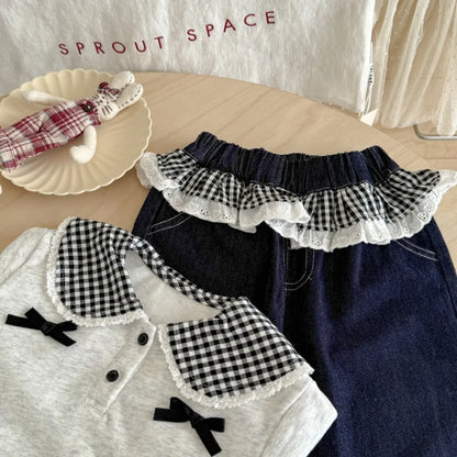 Collared Checkered Bow Top & Lace Wide Leg Pants Set