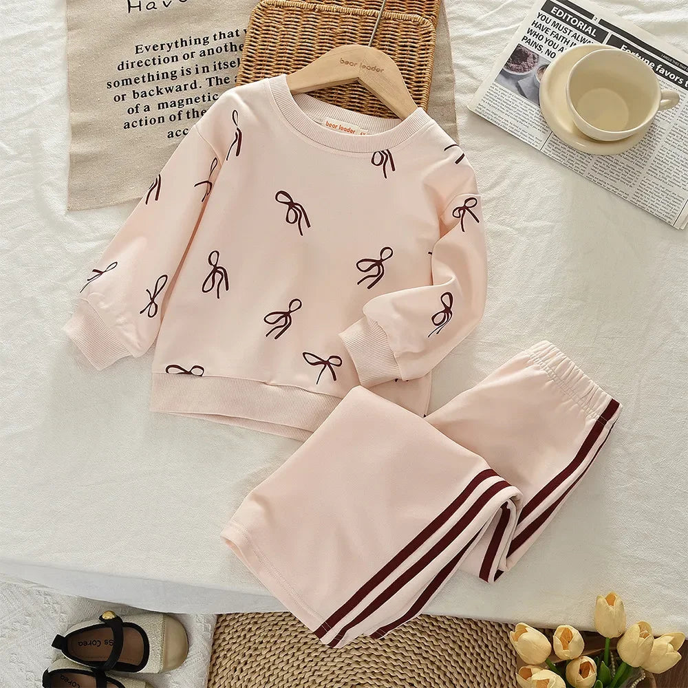Beige Bow Top & Striped Pants Two-piece Set