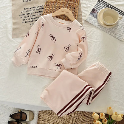 Beige Bow Top & Striped Pants Two-piece Set