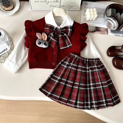 Knitted Vest With Turn-Down Collar & Plaid Skirt - 3pc Set Outfit