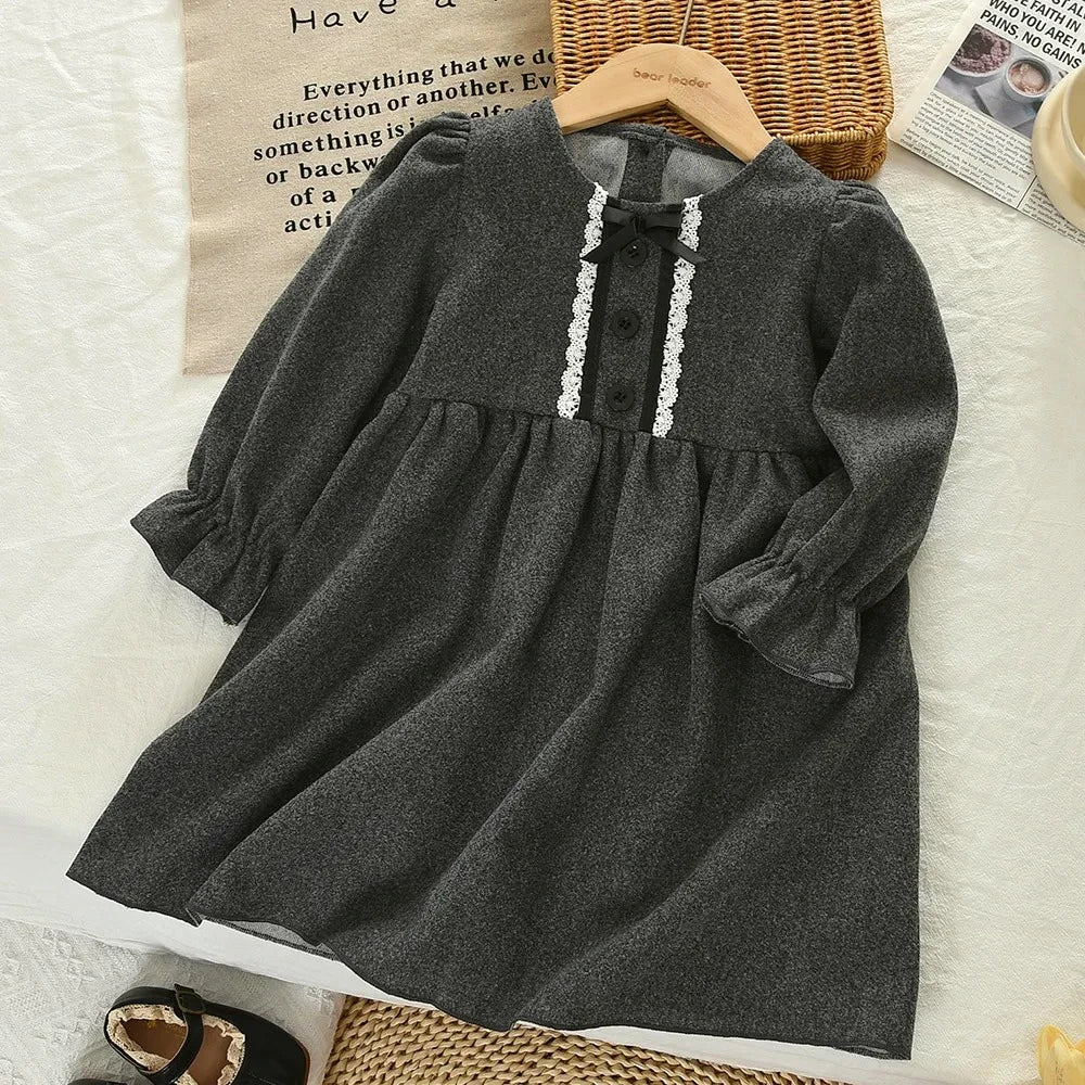 Solid Color Grey Long Sleeve Bow Dress