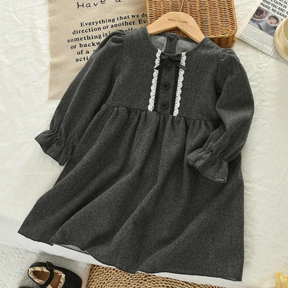 Solid Color Grey Long Sleeve Bow Dress