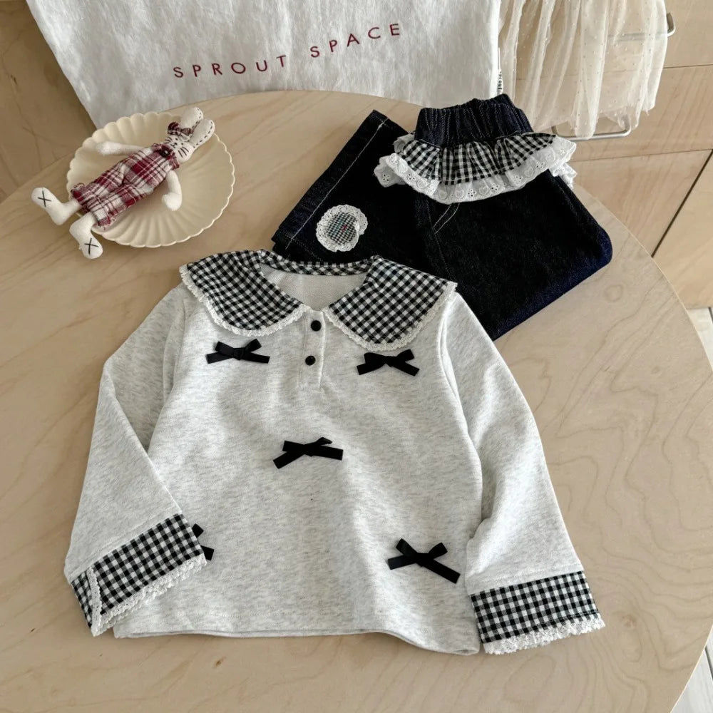 Collared Checkered Bow Top & Lace Wide Leg Pants Set