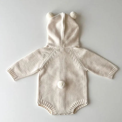 Knitted Solid Color Hooded Baby Romper