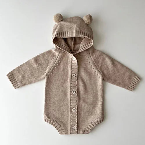 Knitted Solid Color Hooded Baby Romper