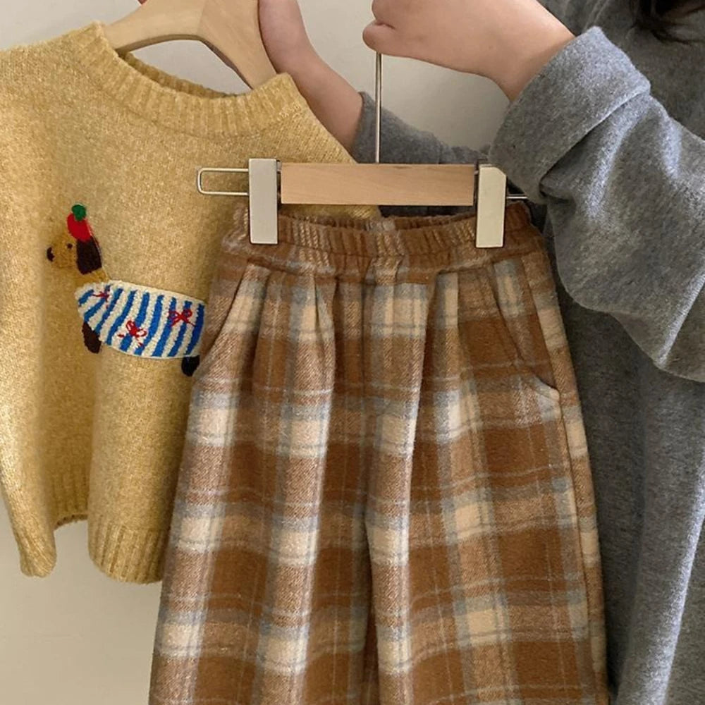Cartoon Sweater Top & Checkered Pants Set