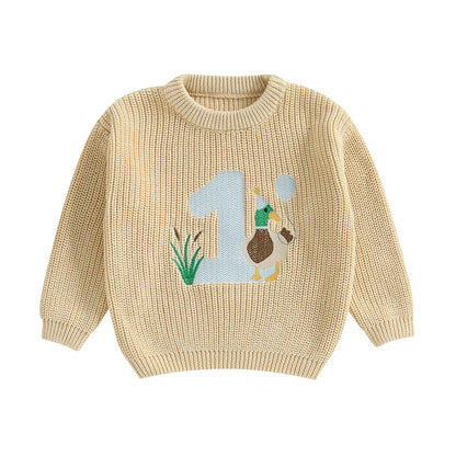 Baby Boy Birthday Sweater Casual Duck Letter Embroidery