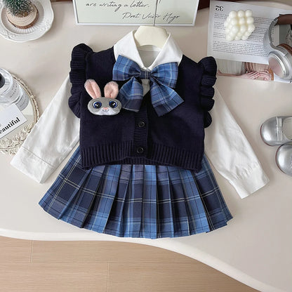 Knitted Vest With Turn-Down Collar & Plaid Skirt - 3pc Set Outfit