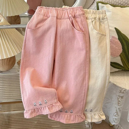 Elegant Embroidered Flower Jeans for Girls