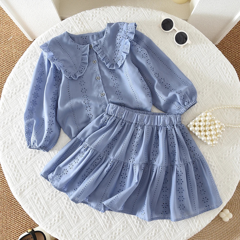 Flower Embroidery Doll Collar Shirt Top & Skirt Set