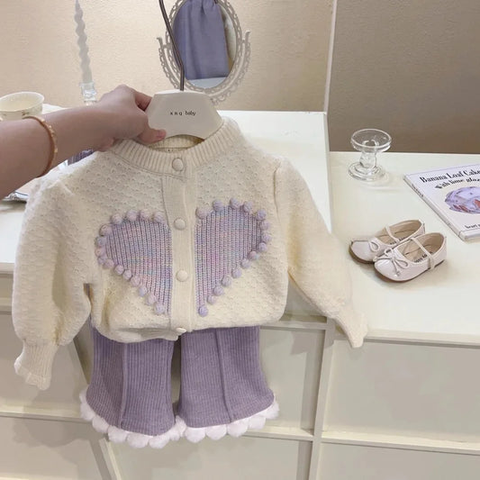 Purple Sweet and Cute Knitted Sweater & Velvet Pants Two Piece Set
