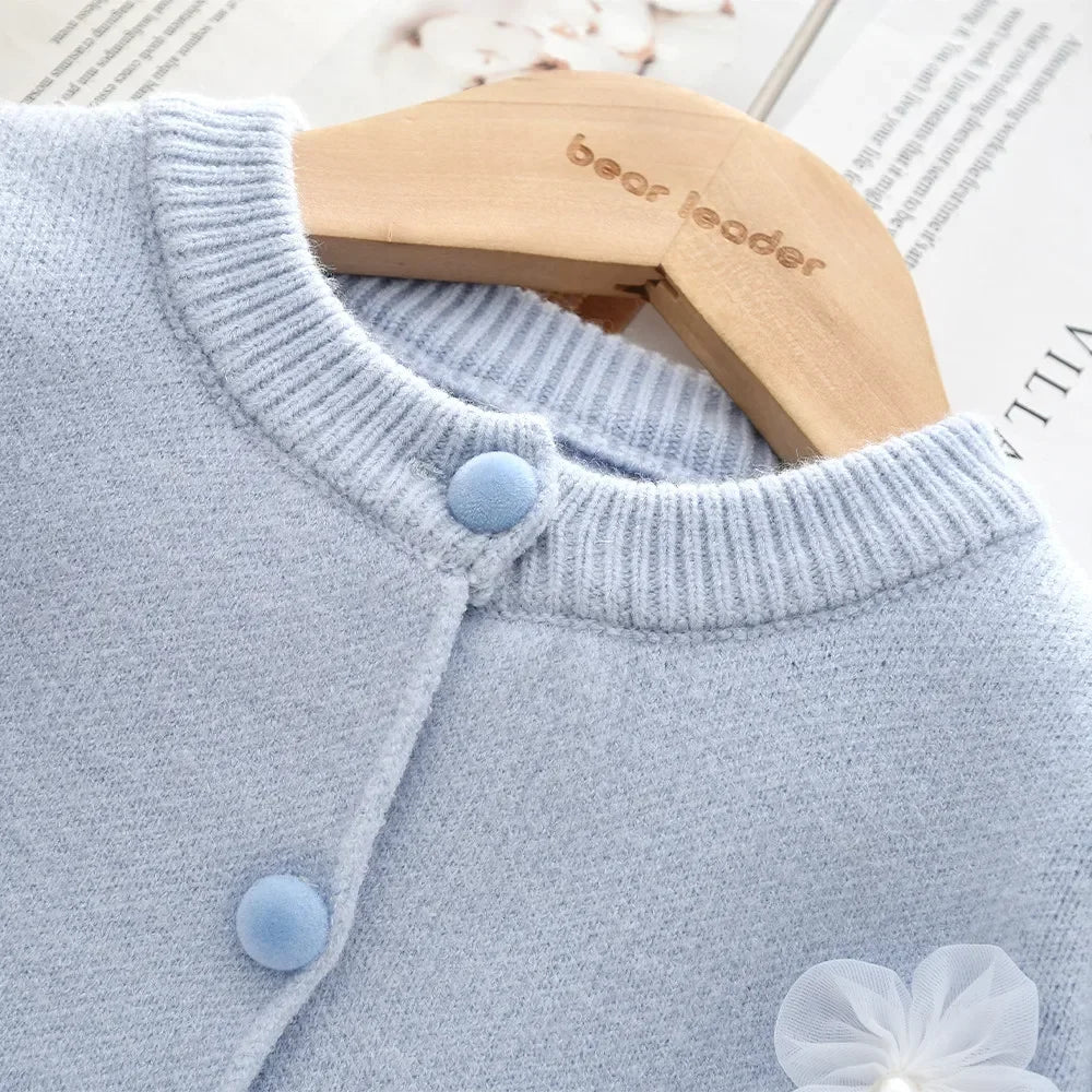 Sweet Blue Flower Knitted Cardigan Top & Beige Skirt Two-piece Set