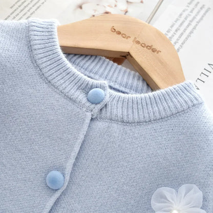 Sweet Blue Flower Knitted Cardigan Top & Beige Skirt Two-piece Set