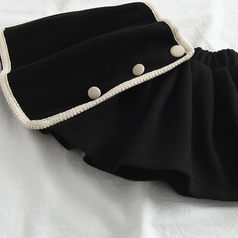 Black Edge Round Neck Button Top & Skirt Two Piece Set