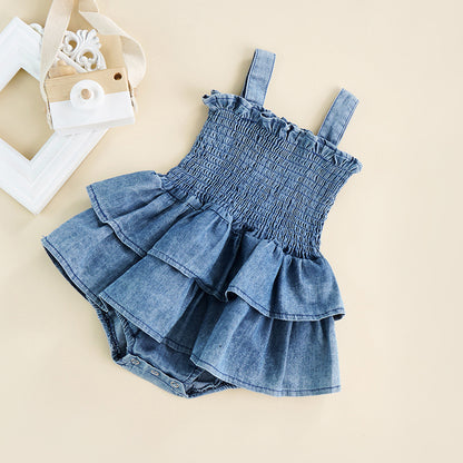 Girl Denim Romper – Sleeveless Ruffle Hem Jumpsuit