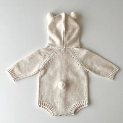Knitted Solid Color Hooded Baby Romper