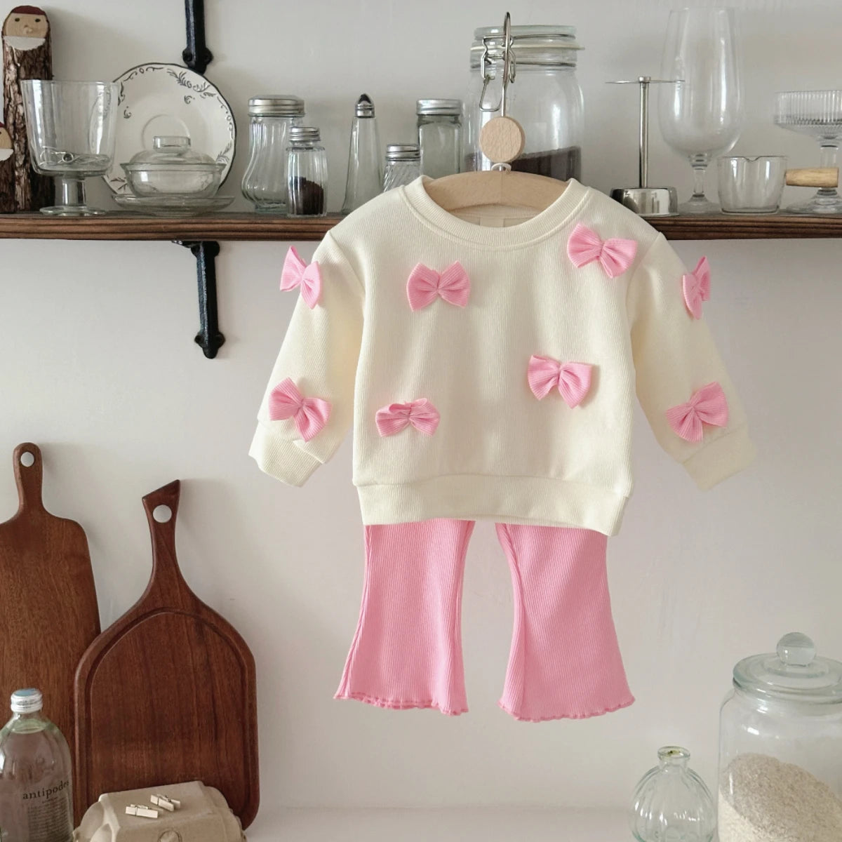 Bowknot Long Sleeved & Pink Flared Trousers Set