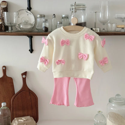 Bowknot Long Sleeved & Pink Flared Trousers Set
