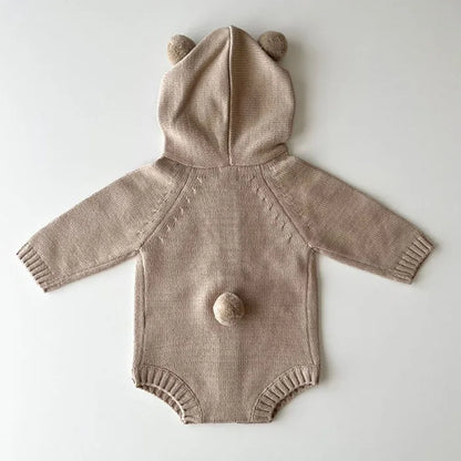 Knitted Solid Color Hooded Baby Romper