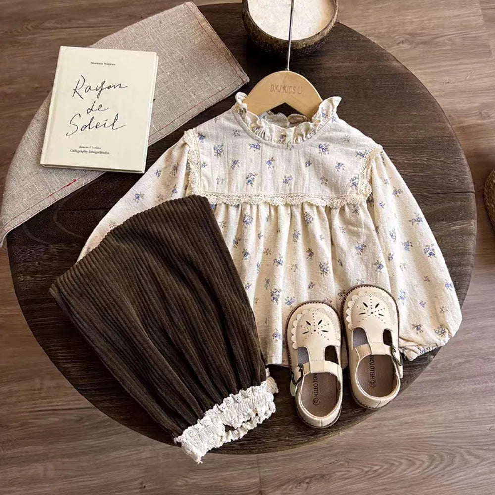 Floral Doll Shirt & Lace Ankle Pants Two-Piece Set