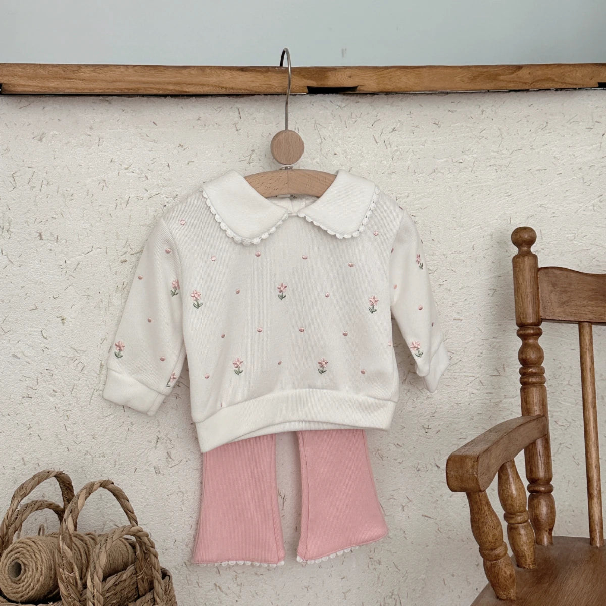 New Girls Floral Embroidered Top & Bottom Baby Set