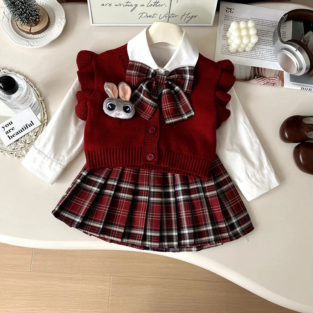 Knitted Vest With Turn-Down Collar & Plaid Skirt - 3pc Set Outfit