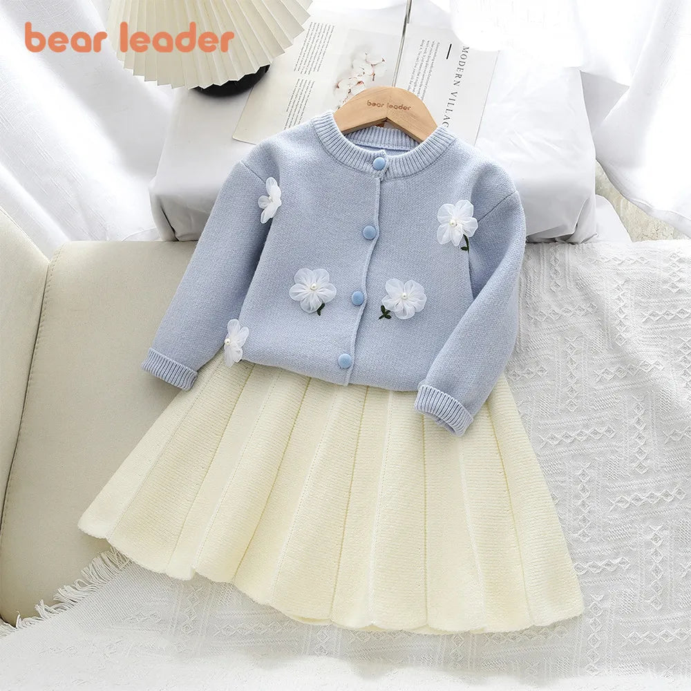 Sweet Blue Flower Knitted Cardigan Top & Beige Skirt Two-piece Set