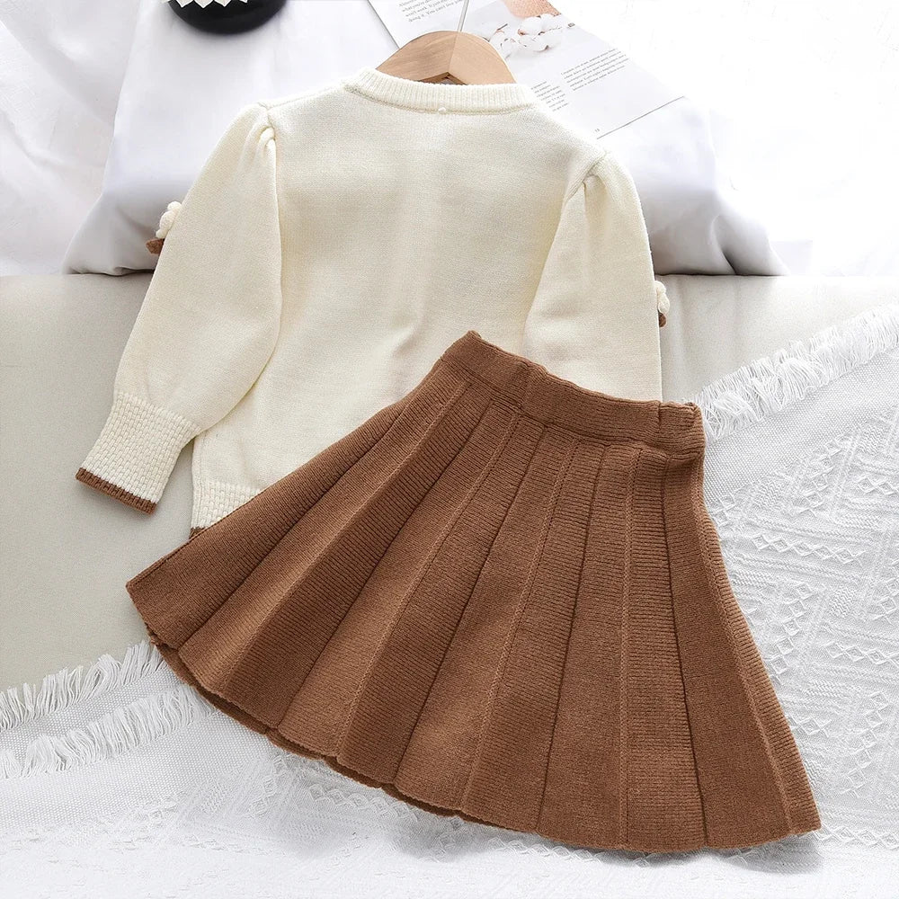 Flower Knitted Cardigan Top & Skirt 2Pcs Set