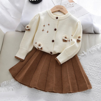 Flower Knitted Cardigan Top & Skirt 2Pcs Set