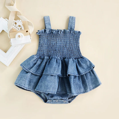 Girl Denim Romper – Sleeveless Ruffle Hem Jumpsuit