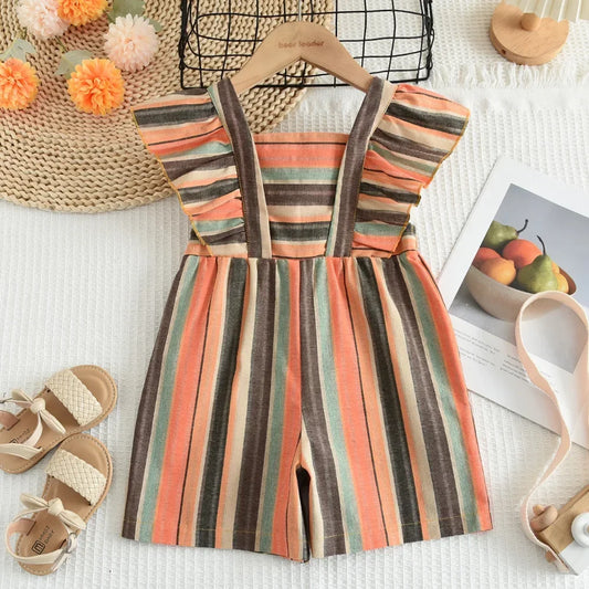 Flying Sleeve Vertical Striped Jumpsuit