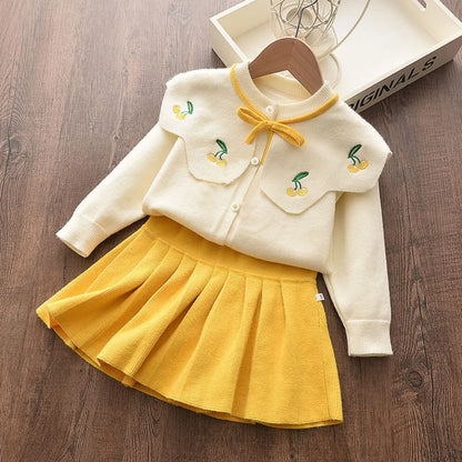 Winter Cute Embroidered Collar Bow Cardigan & Pleated Skirt Two-piece Set