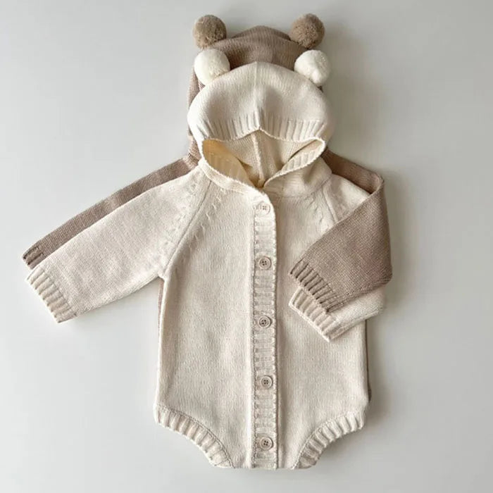 Knitted Solid Color Hooded Baby Romper