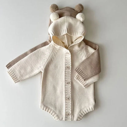 Knitted Solid Color Hooded Baby Romper