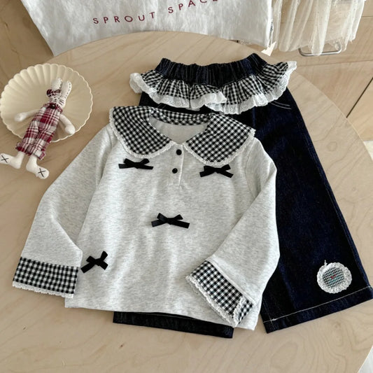 Collared Checkered Bow Top & Lace Wide Leg Pants Set