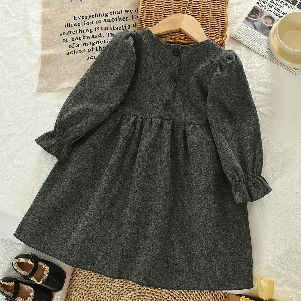 Solid Color Grey Long Sleeve Bow Dress