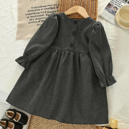 Solid Color Grey Long Sleeve Bow Dress