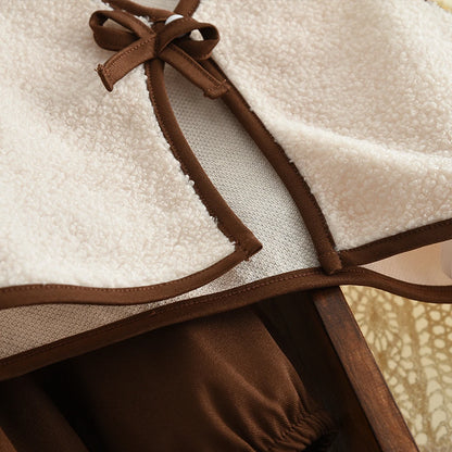 Coffee Long Sleeved Dress & Beige Teddy Velvet Vest Set