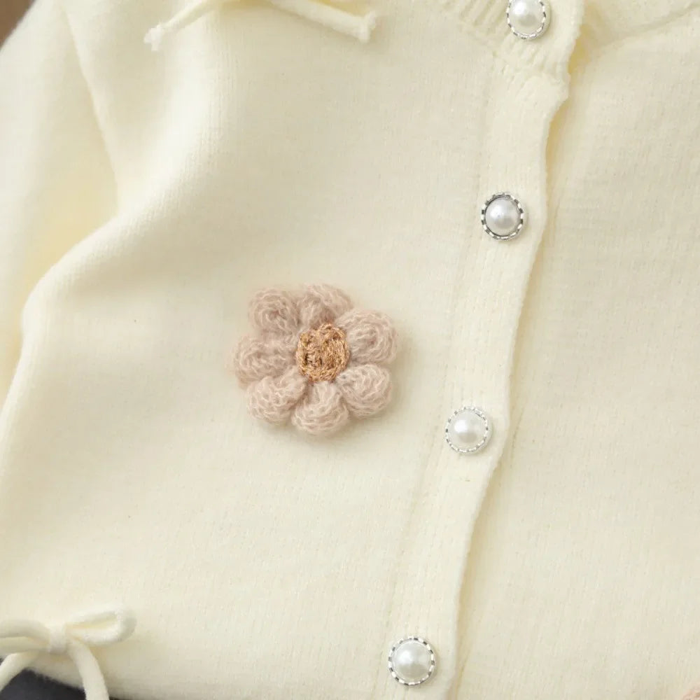 Sweet and Cute Flower Knitted Cardigan & Pleated Skirt Two-Piece Set